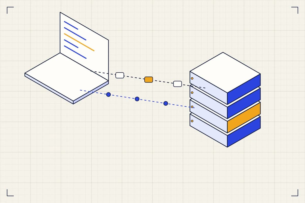 Blueprint-style illustration of API requests flowing between a laptop and a server rack
