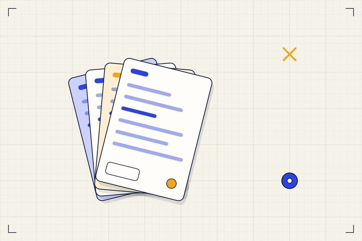 Line illustration of cards with lines of text fanned out on a grid